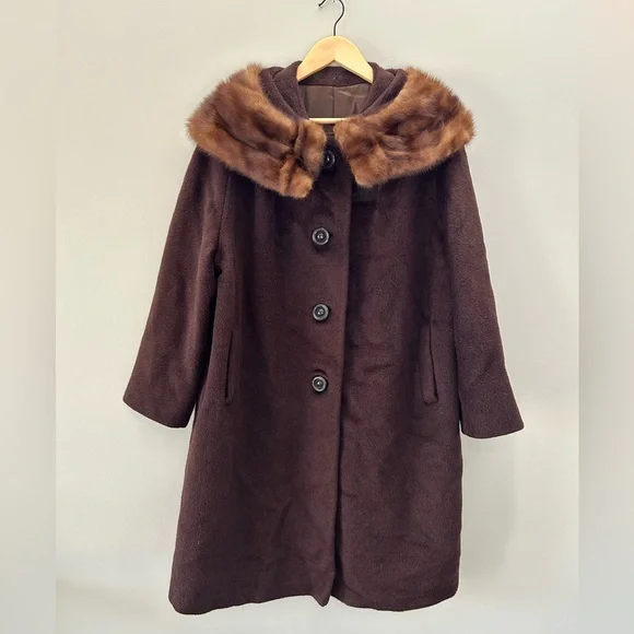Vintage 60’s Ladies Brown Fox Fur Collar Mink Button Down Long Trench Coat - Picture 5 of 9